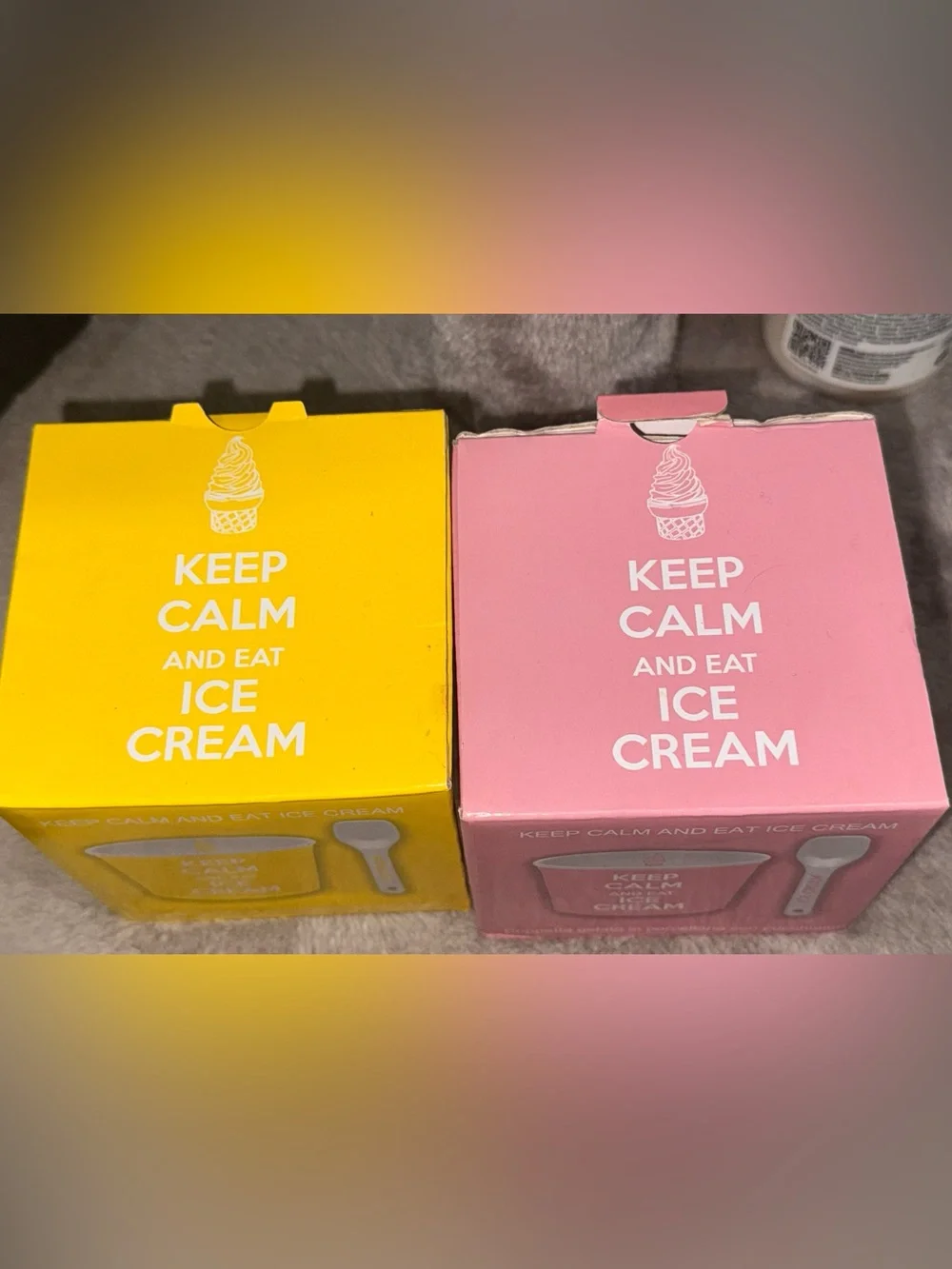 KEEP CALM and Eat Ice Cream Porcelain Cups & Spoons - Pink & Yellow